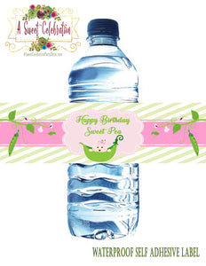 Sweet Pea Birthday Waterproof Water bottle Labels - 2"x8"