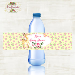 Woodland Floral Deer Baby Shower Personalized Water Bottle Label JPG Printable