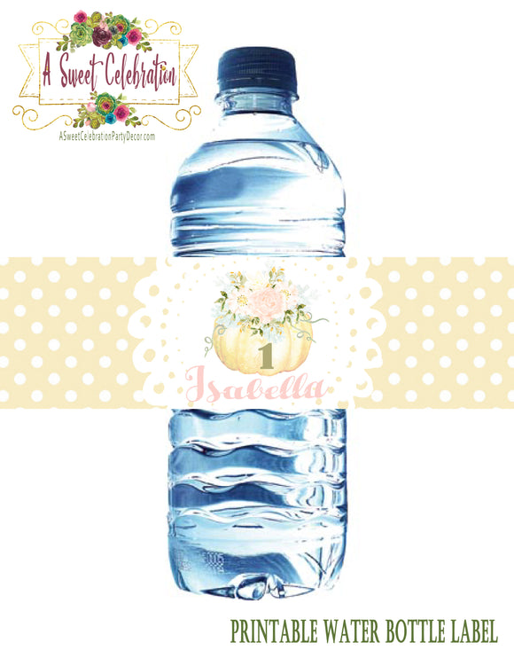 Pastel Little Pumpkin 1st Birthday PDF Personalized Printable Water Bottle Labels