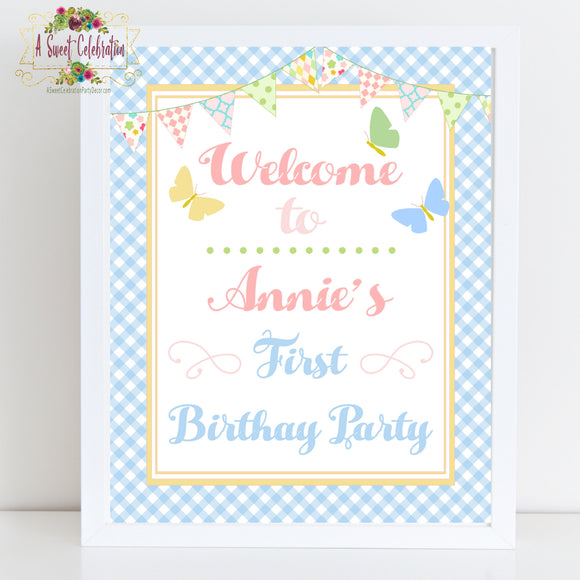Pastel Pink Butterfly 1st Birthday Personalized Welcome Sign 8x10
